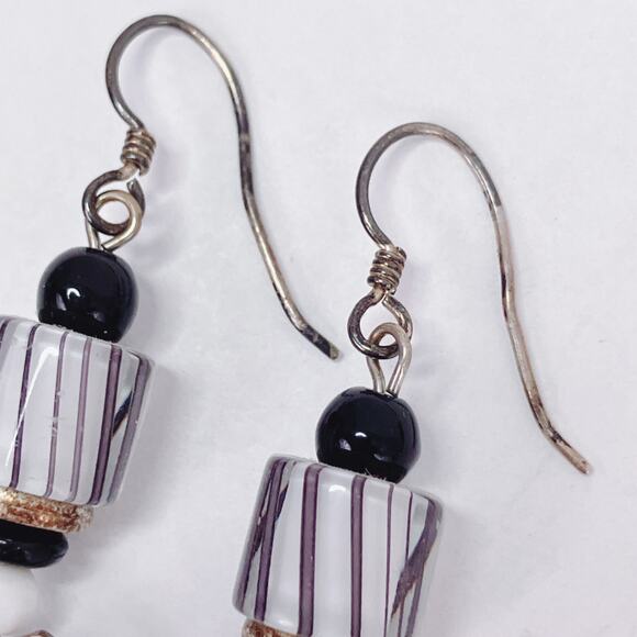Sterling Silver Modernist Drop Earrings with Striped Black and White Glass Beads - Picture 6 of 11